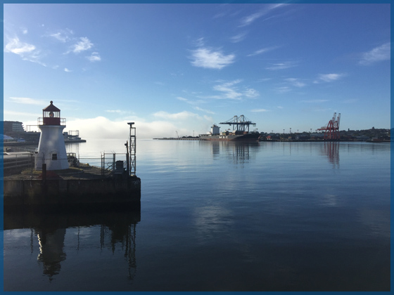 Tranquil blue water in a harbour with a container ship in the right background and a red and white light house on the left for the December 2017 newsletter.